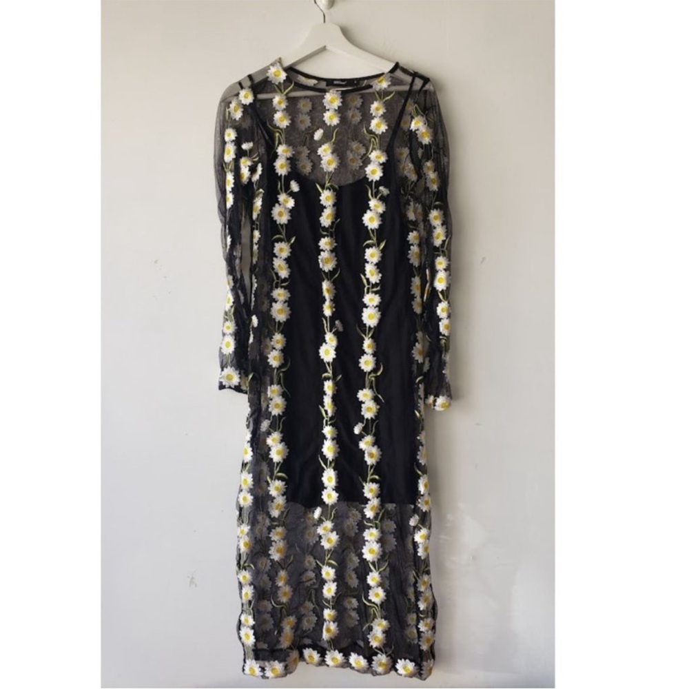 Sheer Mesh Daisy Print Floral Dress